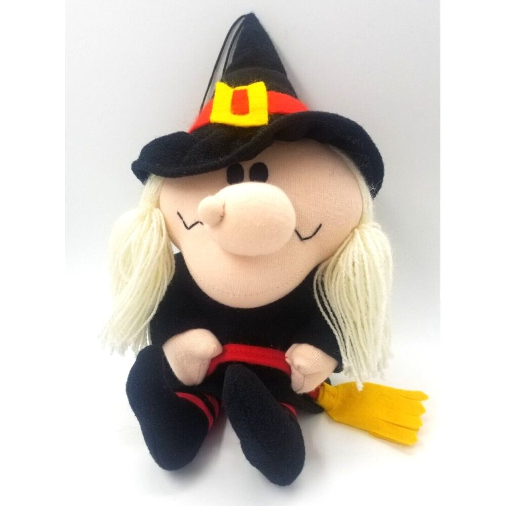 Vintage Dakin Stuffed Halloween Witch with Wart and Felt Broom